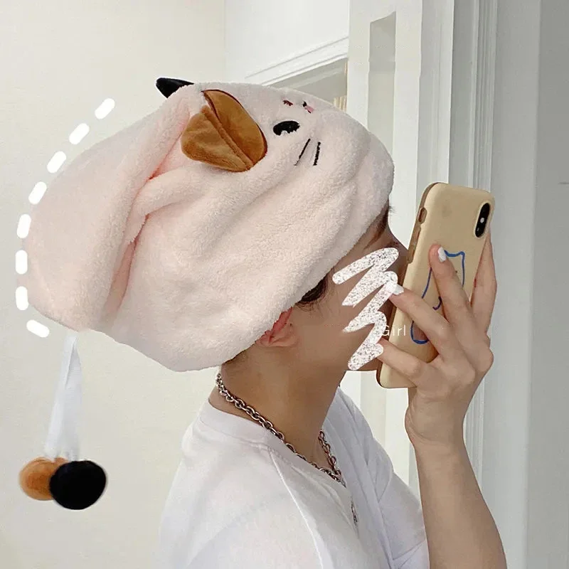 Cute Cat Kitten Kid Hair Turban Quick Dry Bath Hair Drying Towel Head Wrap Hat Cap Bathing Tool Cat Ears Pattern Hooded Towels