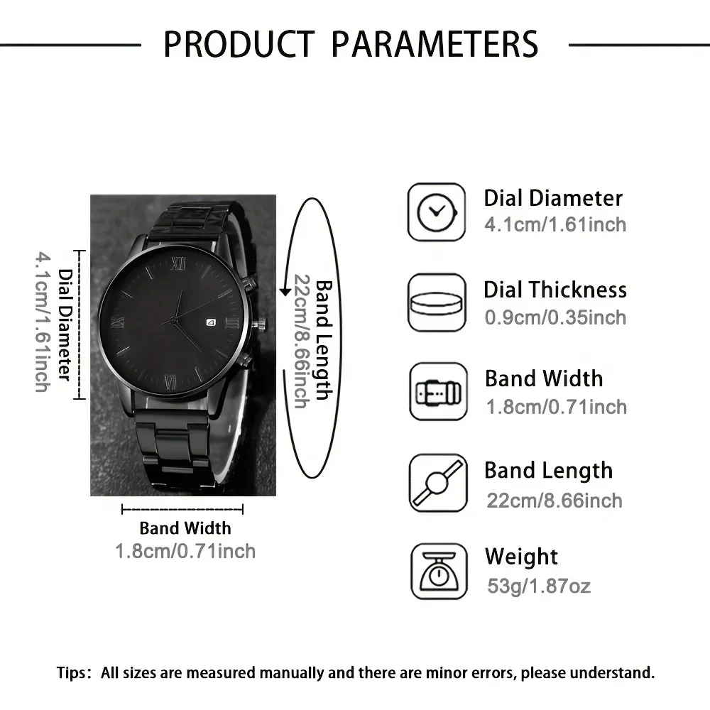 4-piece/set men's black minimalist quartz watch set with bracelet, necklace, and ring - - view 4
