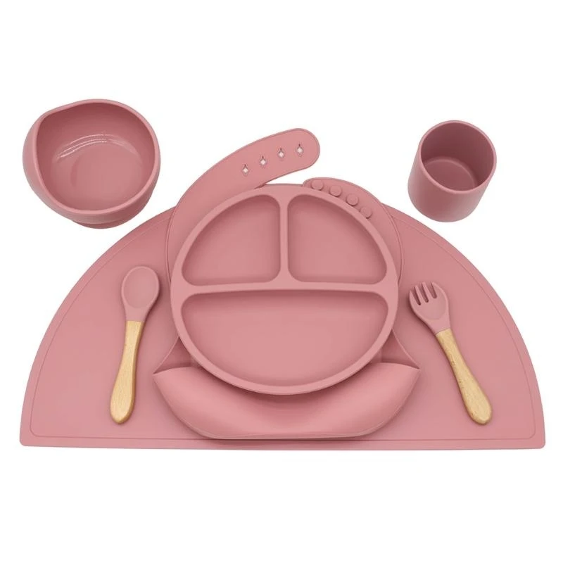 

J15U Baby Silicone Bib Divided Dinner Plate Suction Bowl Spoon Fork Water Cup Placemat Set Training Feeding Utensil Dishes
