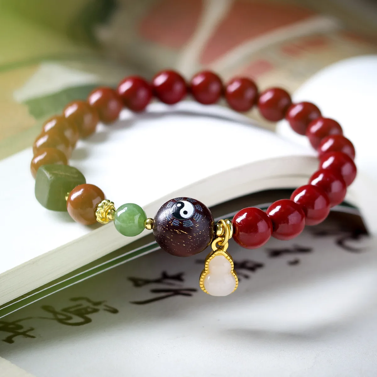 Taoist Nine Palace Bagua Beads Ethnic Cinnabar Bracelets Women's Gifts Fashion Jewelry Chinese Wave Gourd Pendant Hand String