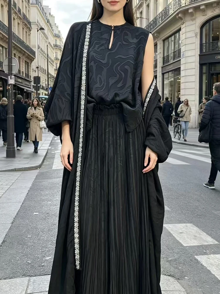 2026 Autumn Women's Clothing Retro Geometric Print Diamond-encrusted Long Cardigan + Vest + Loose Wide-Leg Pants Three-piece Set
