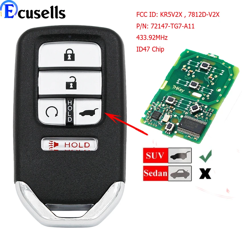 For Honda Piot CR-V Civic 2016 2017 2018 2019 2020 2021 433MHz ID47 Chip FCC: KR5V2X 4+1 5 Button Smart Remote SUV Key Fob