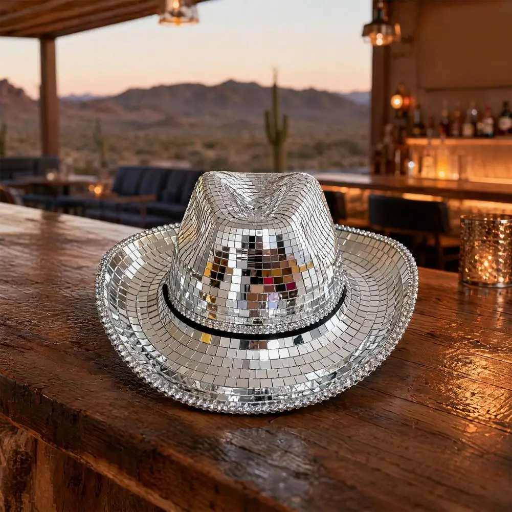 Disco Western Cowboy Hat Western Style Disco Hat Sparkly Silver Disco Mirror Hat for Music Festivals, Western Party