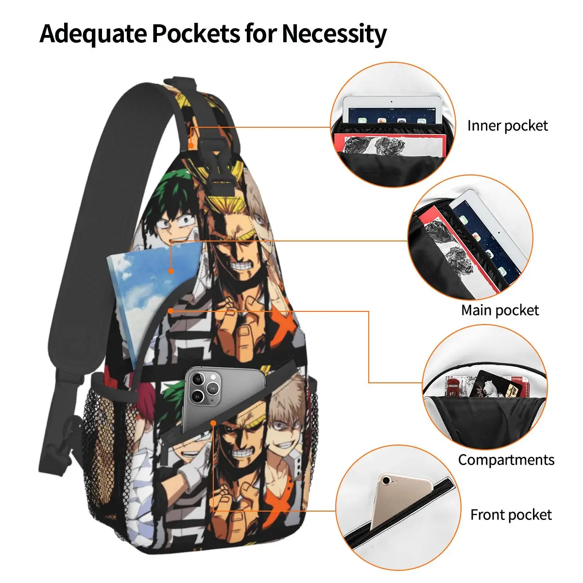 My Hero Academia Collage Sling Bags Peito Crossbody Shoulder Backpack Outdoor Sports Daypacks Academia Anime Men Women Pack