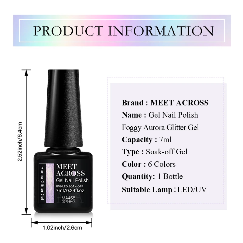 MEET ACROSS 7ml Foggy Auroras Glitter Gel Lakier do paznokci Glitter Nail Art Semi-Permanent Gel Lakier Auroras Top Coat