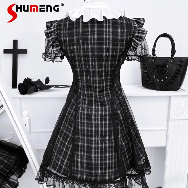 

Lolita Cool Design Dark Style Subculture Y2k Dresses Japanese Rojita Lace Plaid Short Sleeved Waist-Cinching Vestidos De Mujer