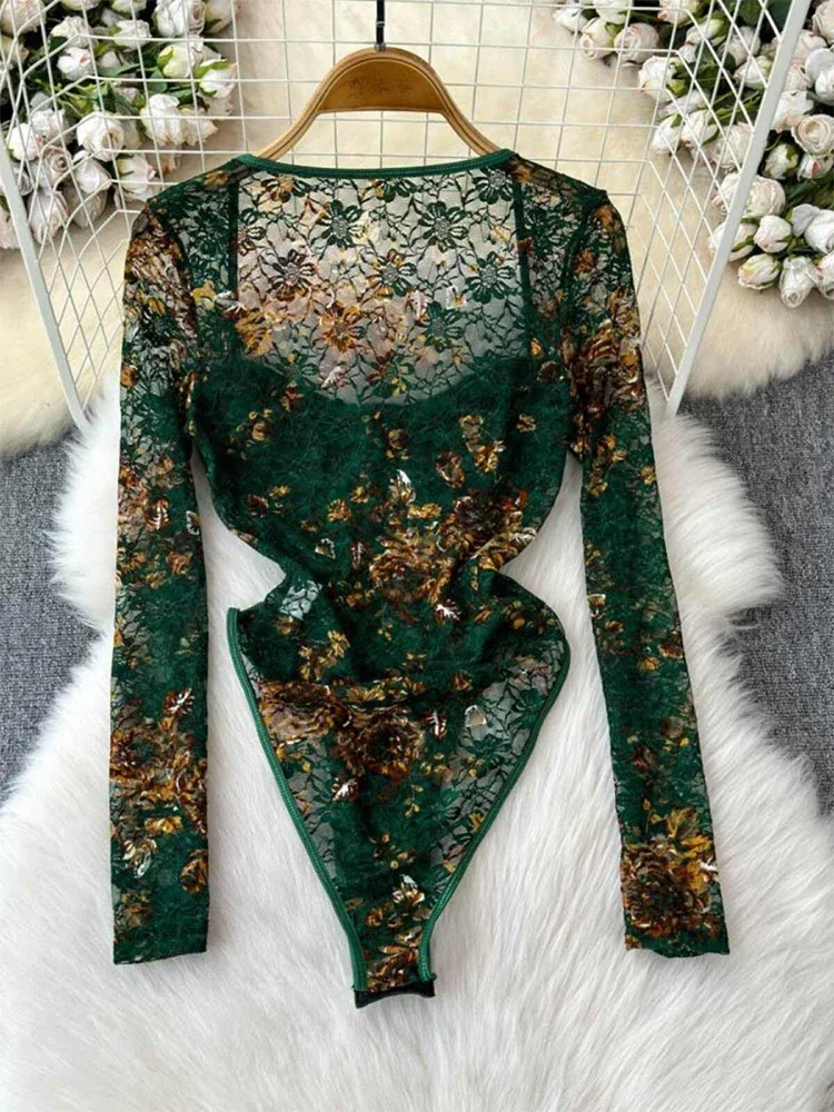 Long Sleeve Square Collar Exotic Sexy Rompers Coquette Clothes Women's Green Lace Jumpsuits Vintage Skinny Playsuits Harajuku