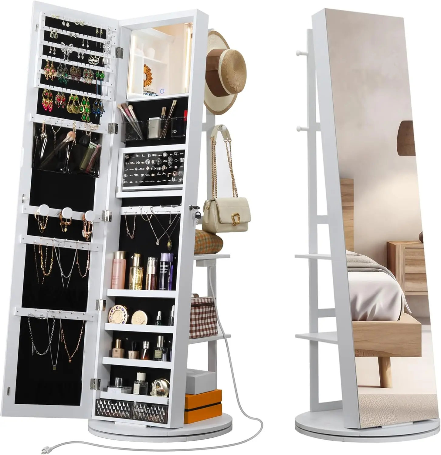 360 Swivel Mirrored Jewelry Cabinet with Full-Length Mirror, Charging Station, Lockable LED Lights, White