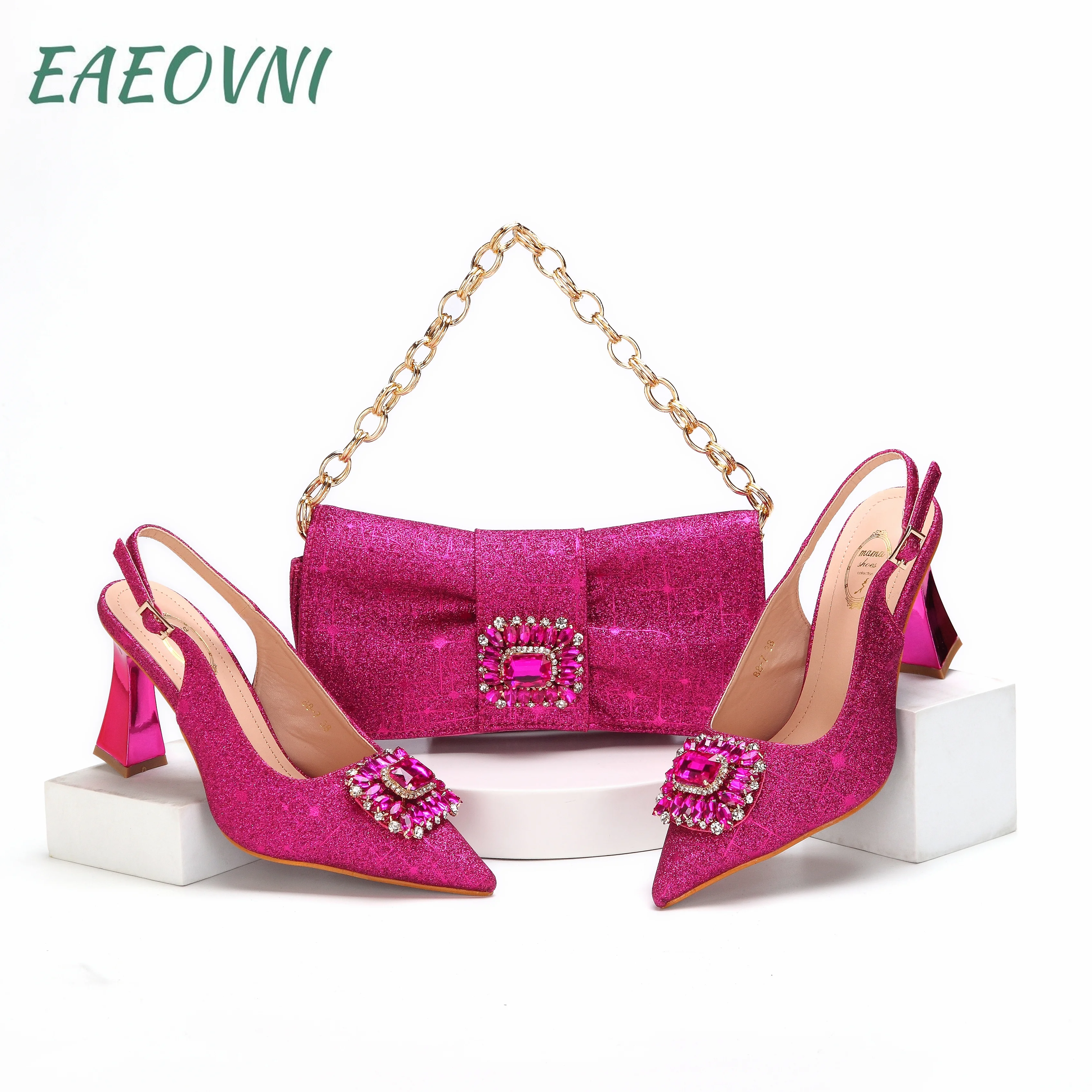 Hot Selling New Fashionable Fuchsic Color Pointed Toe Shoes Matching Bag Set For Offices Ladies Party in Dress