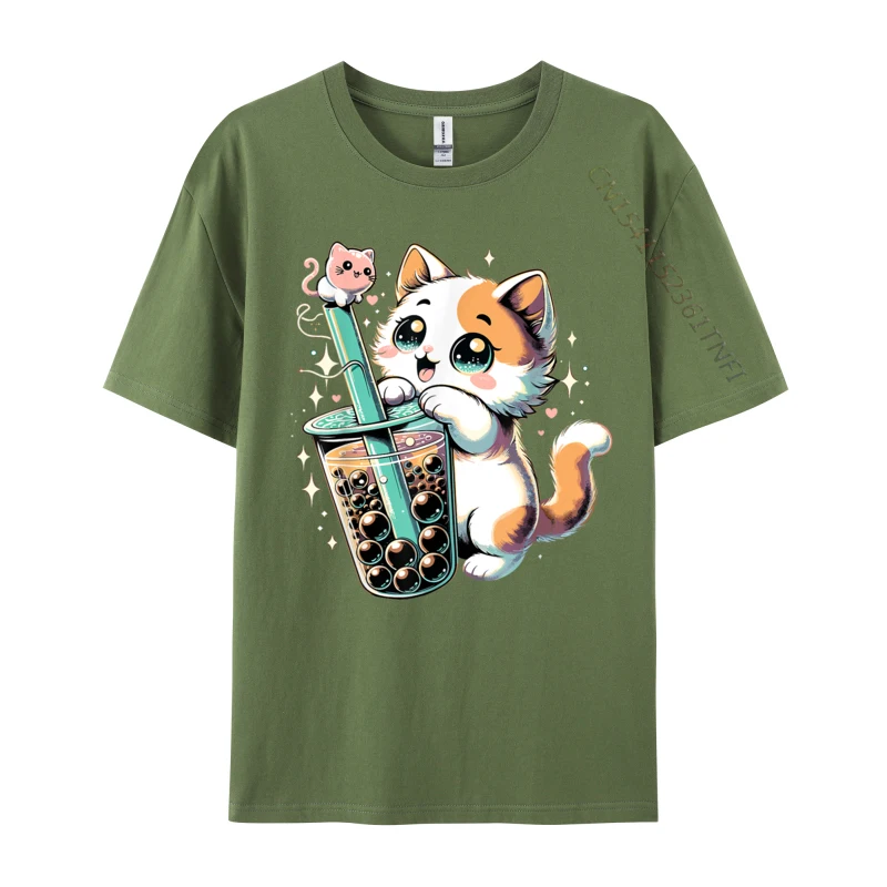 Cat Boba Japanese Kawaii Kitty Bubble Tea Neko Teen Design Normal Men Tshirts Company Pure Cotton Tops & Tees Classic