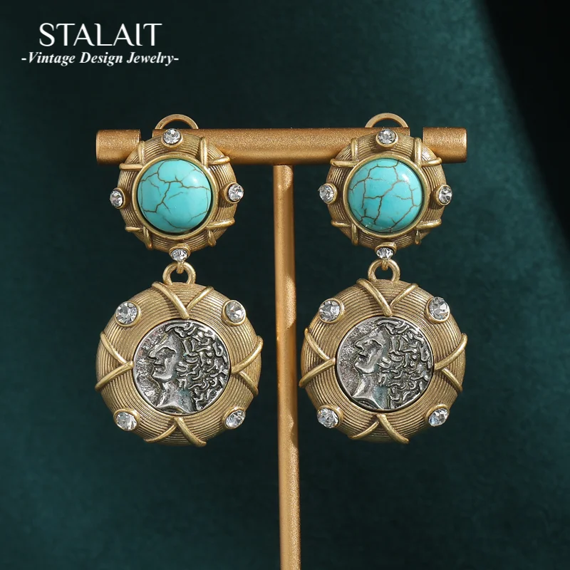 

Висячие бирюзовые серьги, круглые антикварные монеты-аватар, натуральный синий камень, золотой цвет, винтажные ювелирные аксессуары для женщин