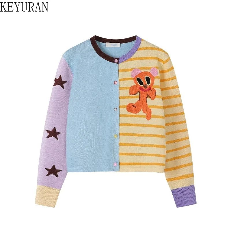 甘い漫画ジャカードカラーブロックストライプニットカーディガン女性の秋ヴィンテージ O ネックフルスリーブセーター女性ニットトップス
