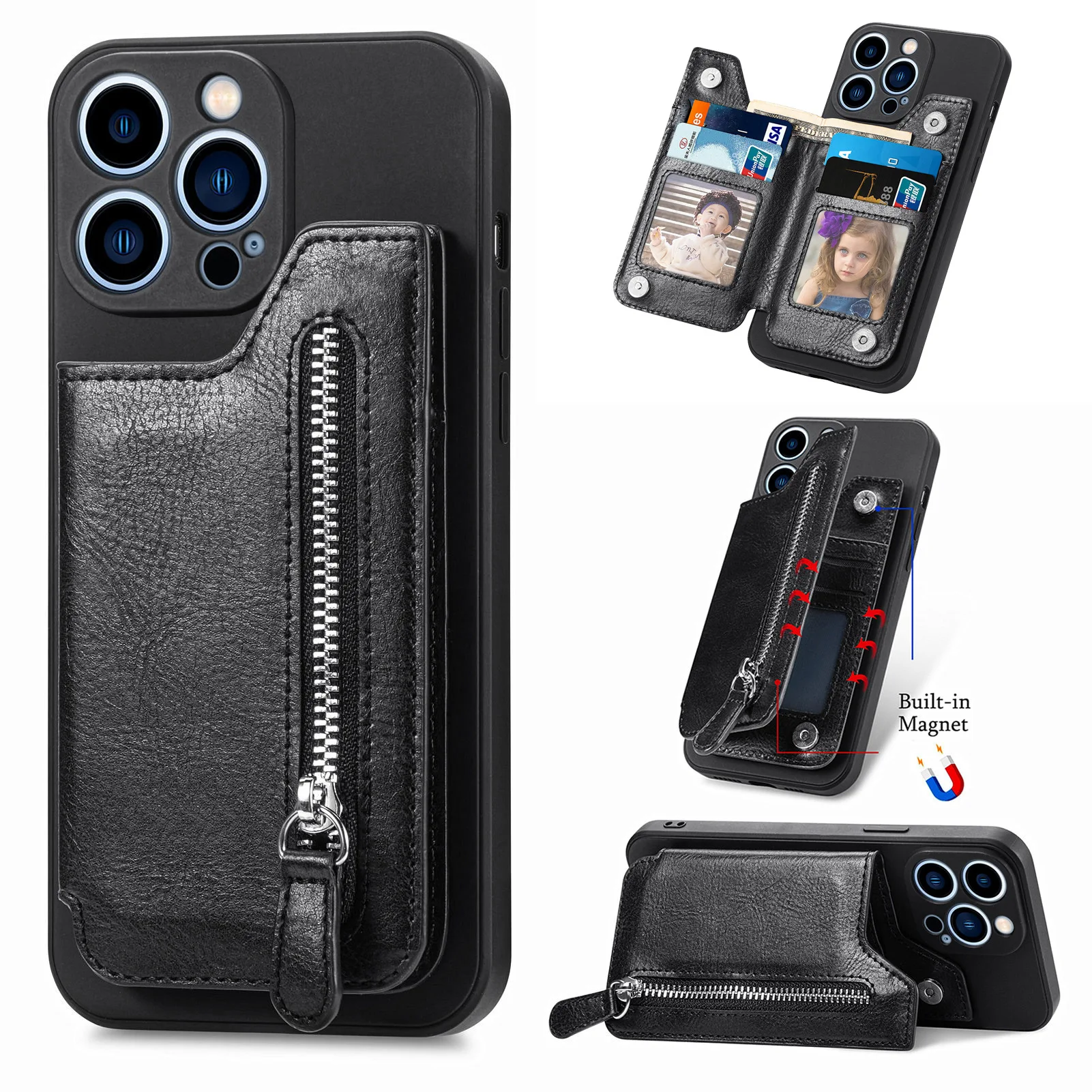 Zipper Wallet Phone Case for iPhone 16 Pro Max 14 13 12 11 15 Pro Max 16 Plus 15 Pro Leather Card Holder Slots Pocket Back Cover