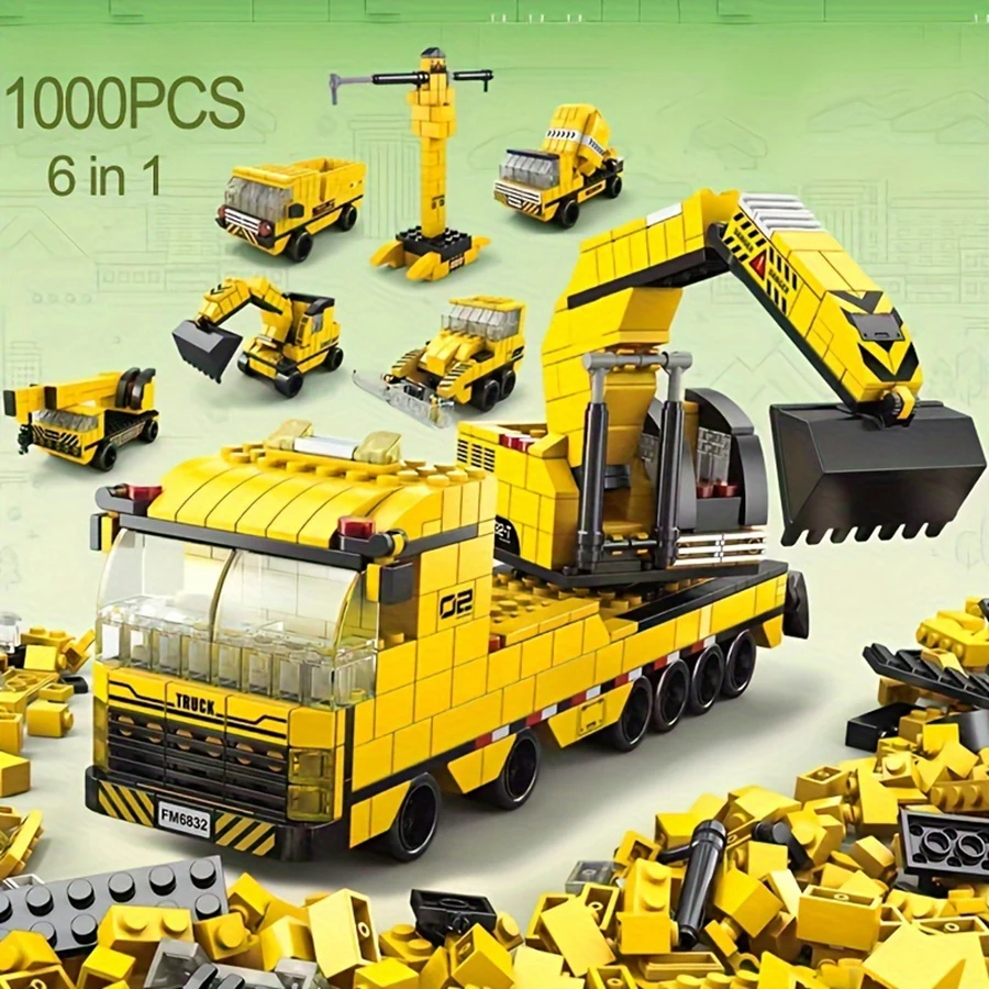 

1000 pieces of engineering excavator building blocks. 6-in-1 building block model, desktop ornament, boy's gift.