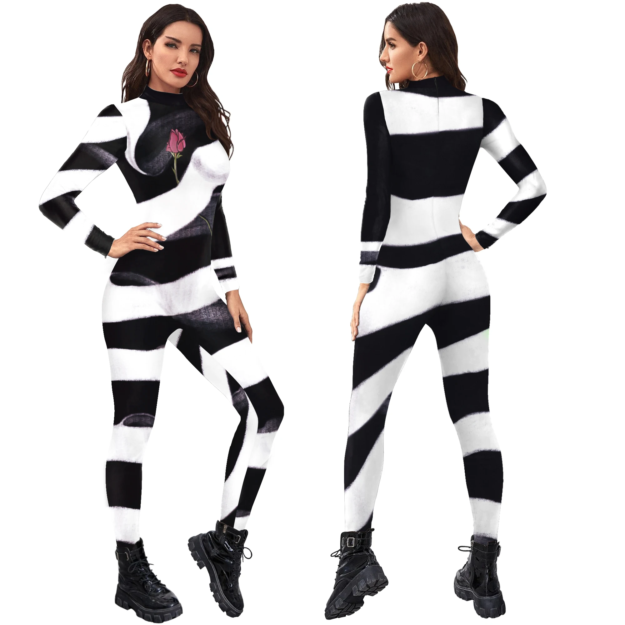 [You\'re My Secret] Women Stripe Carnival Party Fancy Bodysuit Jumpsuit Halloween Cosplay Costumes Dress Up Outfit Zentai Suit