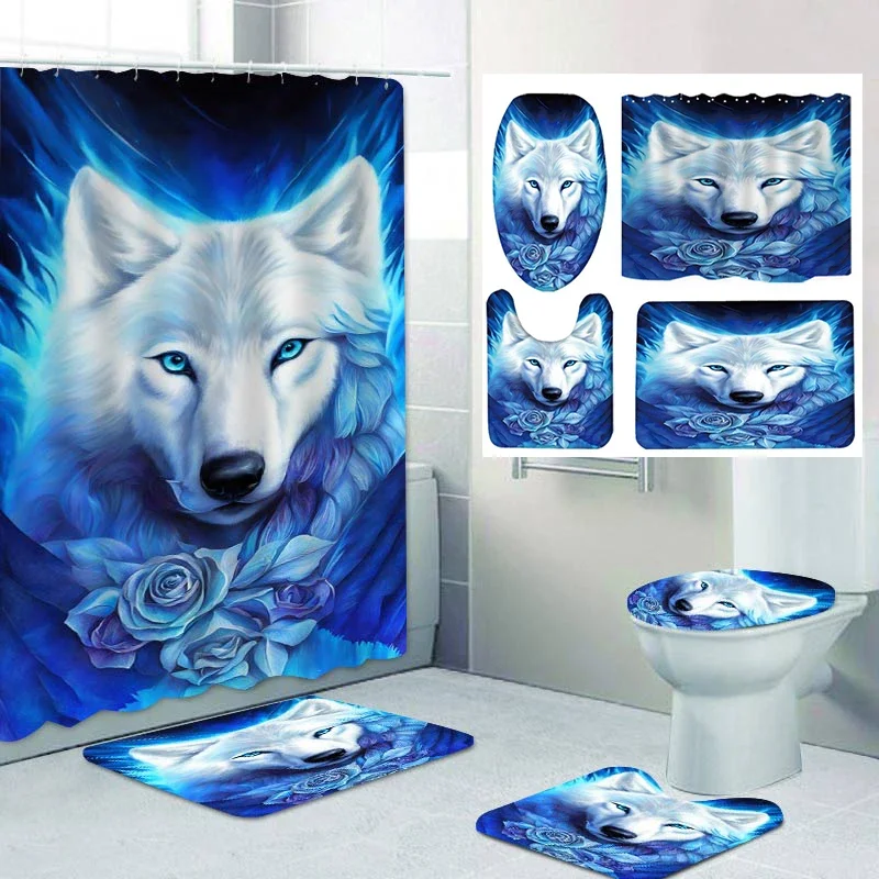 Animal Wolf shower curtain Tiger bath sets waterproof non-slip bathroom rug toilet U with 12 hooks home deco free ship