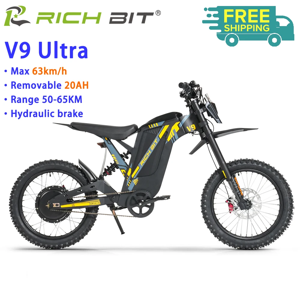 Moto électrique RICH BIT V9 Ultra |   Moteur 1500 W, vitesse 63 km/h, couple 80 N.m |   Batterie 20Ah |   Vélo électrique tout-terrain à suspension intégrale