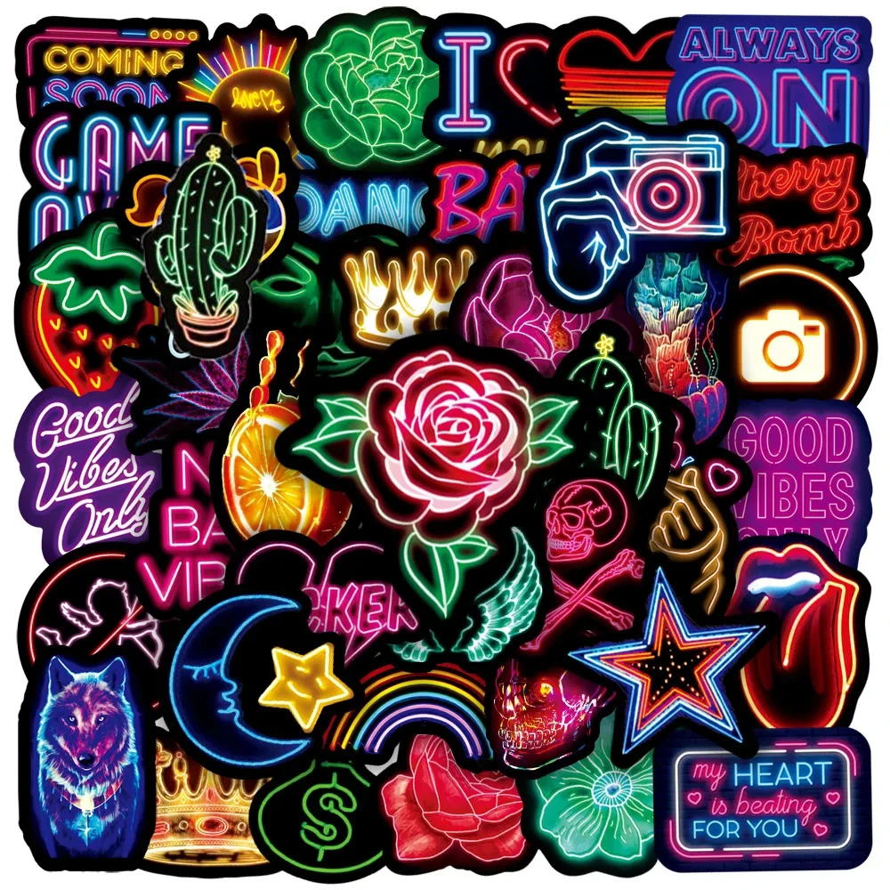 50pcs Cartoon Neon Stickers Cool Decals for Skateboard Scrapbook Car Motorcycle Helmet Luggage Graffiti Sticker Waterproof