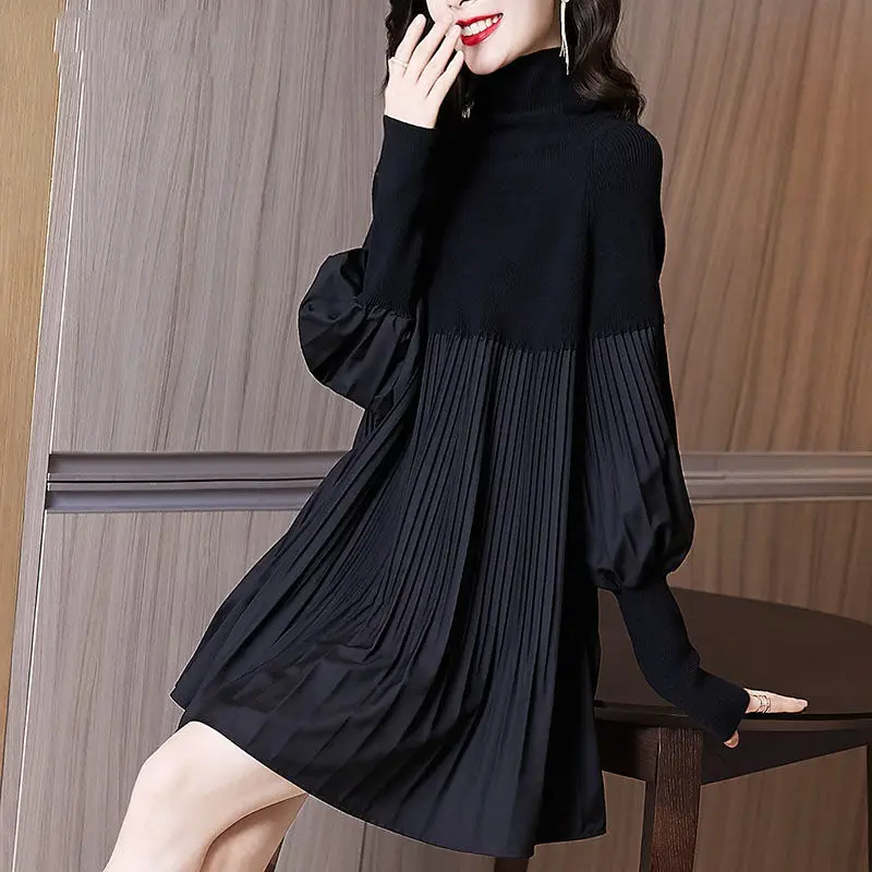 Elegant Solid Color Folds Spliced Lantern Sleeve Mini Dress Women\'s Clothing 2022 Autumn New Oversized Loose Casual Dresses