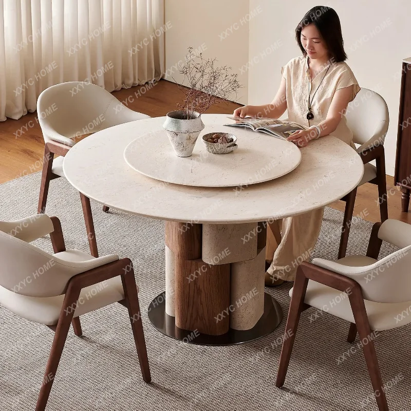 X Round Stone Slab Dining Table With Lazy Susan New Mid-Century Luxury Natural Marble Kitchen Table For Home