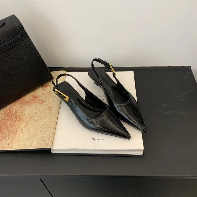 Summer Pointed Toe Women Sandals Fashion Back Strap Single Shoes Ladies Elegant Middle Heels Office and Career New Solid Sandals