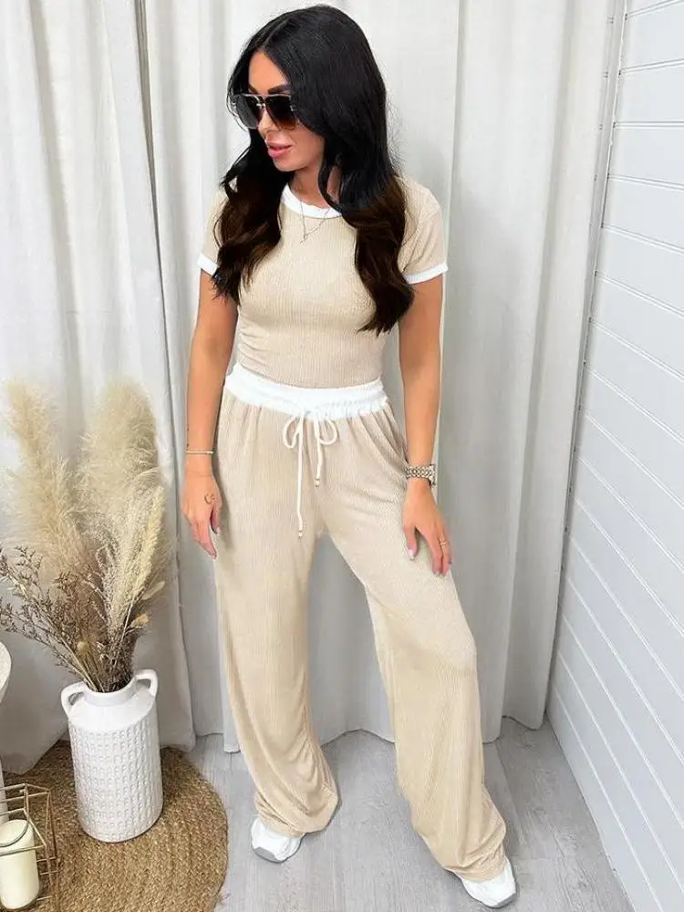 Spring and summer new round neck color short-sleeved women\'s fashion casual wide-leg pants sports suit