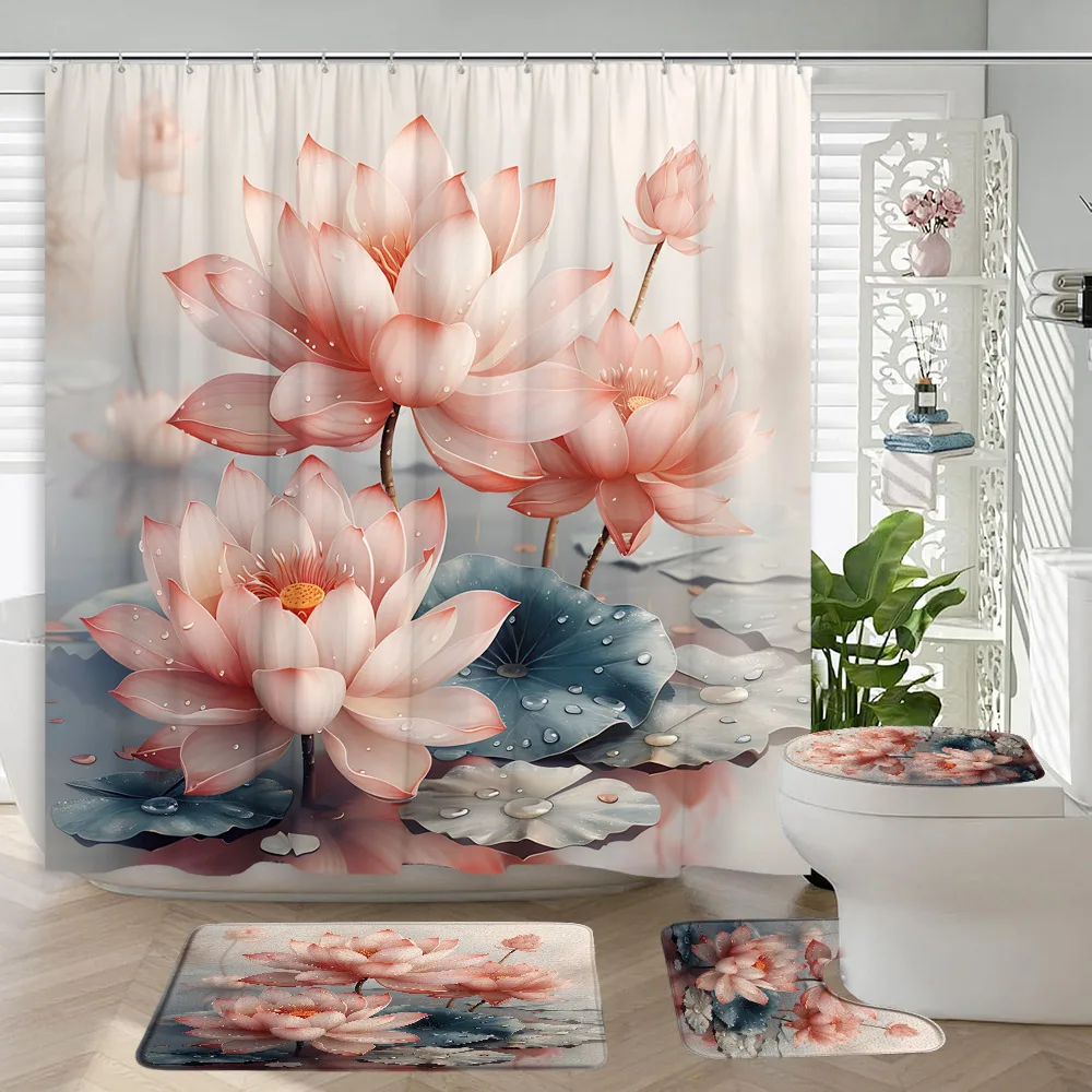 4Pcs Asian Scenery Shower Curtain Sakura Waves Rivers Lotus Flower Kimono Woman Ink Art Home Bathroom Decor Set Rug Toilet Cover