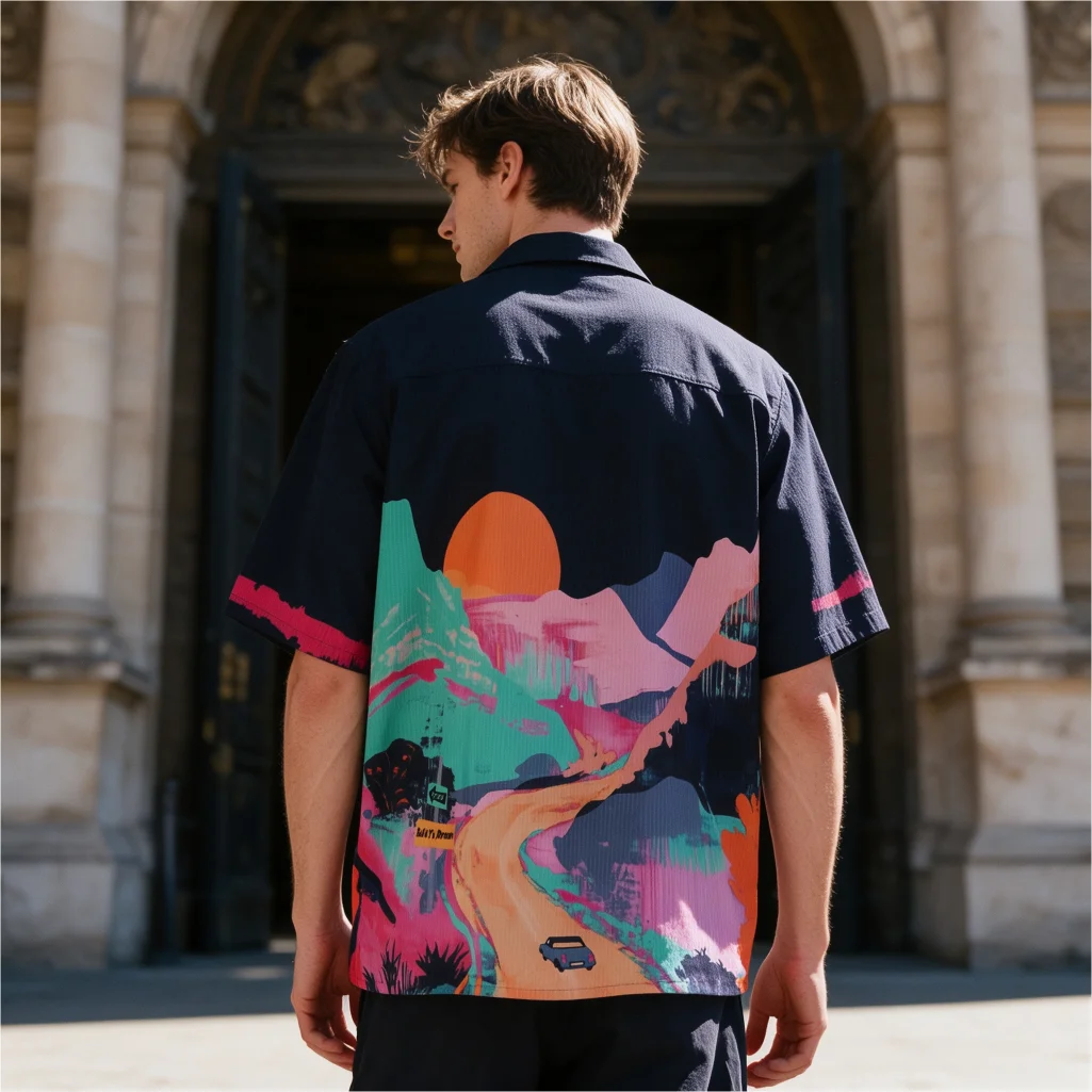 Mens Colorful Horse Year Mountain Print Cuban Collar Short Sleeve Shirt Casual Summer Button Up Shirt Streetwear Graphic Art Top
