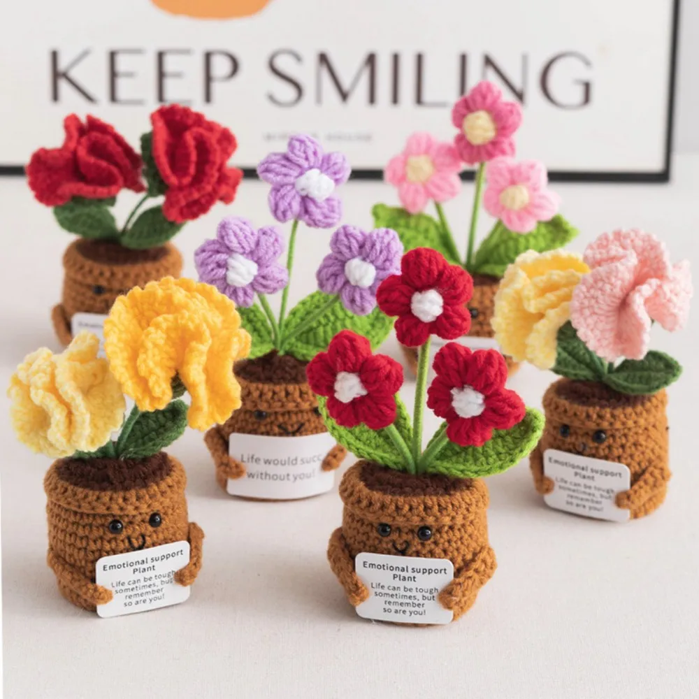 Knitted Plant Dolls with Affirmation Cards Desktop Decor Potted Bouquet Finished Products Home Decoration Cotton Gifts Ornament