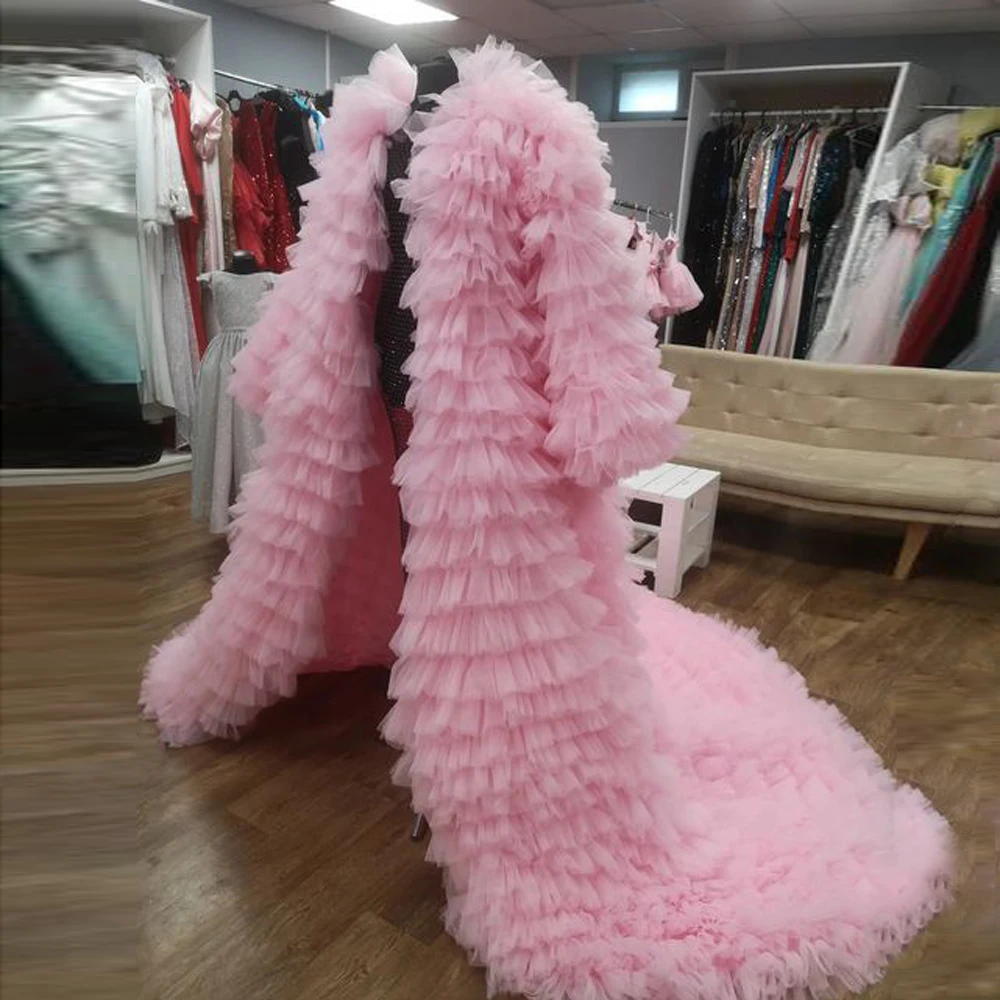 Luxurious Ruffled Tulle Long Jackets Maternity Robes Bride Photoshoot Dress Tiered Tulle Ball Gown Prom Coat Pink Party Dresses