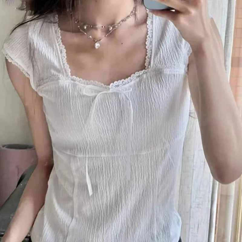 

Solid Color Texture Square Collar SmallTT-shirt Gentle Casual Style Flounce Trim Lace up Basic Short Sleeve Girl Knitted Shirt S