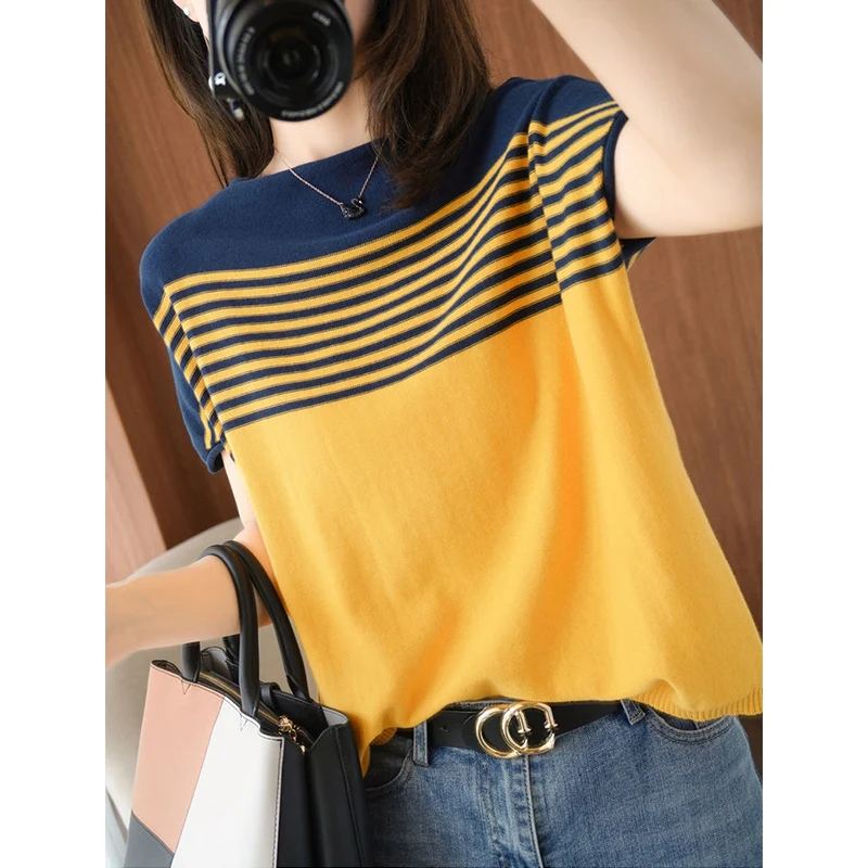 Summer Korean Fashion Striped Patchwork Casual Knitted Tee Women Loose All-match Short Sleeve T-shirt Lady Vintage Pullover Top