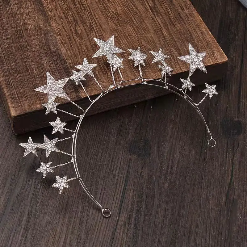 KMVEXO Trendy Silver Color Tiaras Crowns Stars Princess Queen Diadem Bride Wedding Hair Accessories Rhinestone Hairbands Jewelry