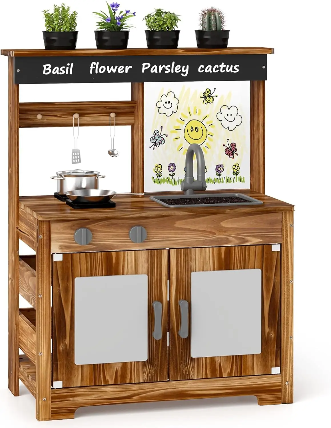 

Mud Kitchen, Cedar Wood Outdoor Play Kitchen for Toddlers, Acrylic Board, Removable Sink, 4 Planting Cups, Kitchen Accessories,