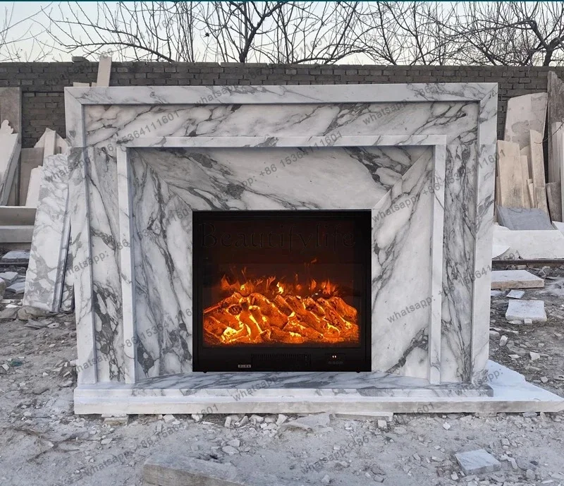 

D06Natural marble fireplace French living room large white stone fireplace decorative cabinet
