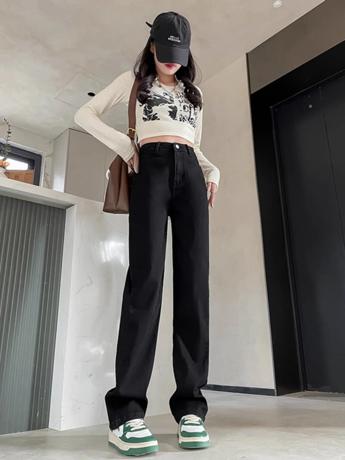 

High Waist Straight Leg Black Skinny Jeans Women's Autumn New Loose Casual Pants Long Cotton Stretch Denim Floor Length