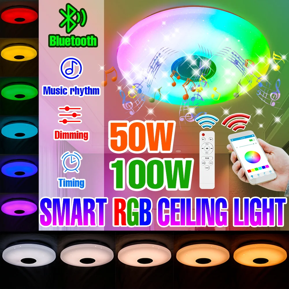 100-ワット-rgb-スマートランプ-led-シーリングライトスピーカー付き-bluetooth-接続アプリリモコン家庭用寝室の装飾パーティー