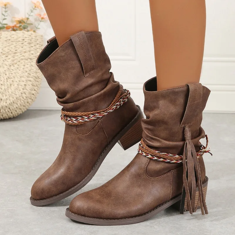 Women's Short Boots Early Winter New Braided Pleated Fringe Pile Boots Fashion Temperament Increase Vintage Leather Boots