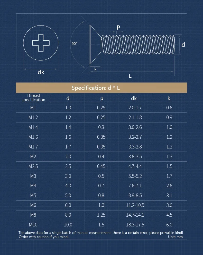 M2 M2.5 M3 M4 M5 M6 M8 Brass Cross Phillips Flat Countersunk Head Screw Bolt