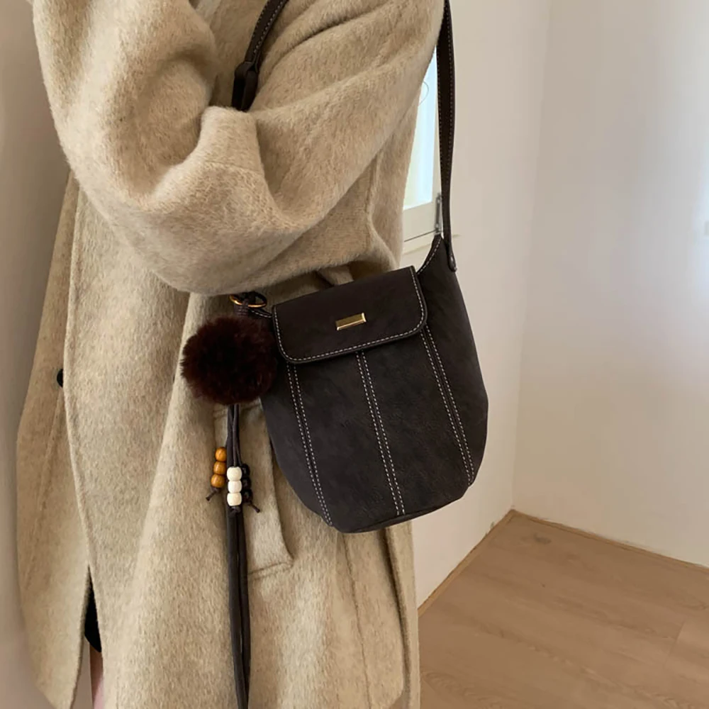 Vintage Thread Bucket Messenger Bag Women Simple Solid Color Buckle Zipper Crossbody Bags High Grade All-Match Daily Packs