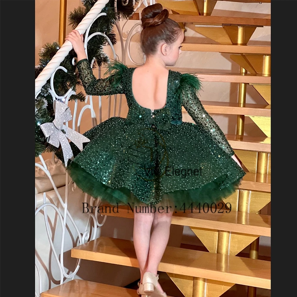 Charming Full Sleeve Flower Girls Dresses with Sequined Green Wedding Party Dresses for Princess 2024 Summer فلور فتاة اللباس