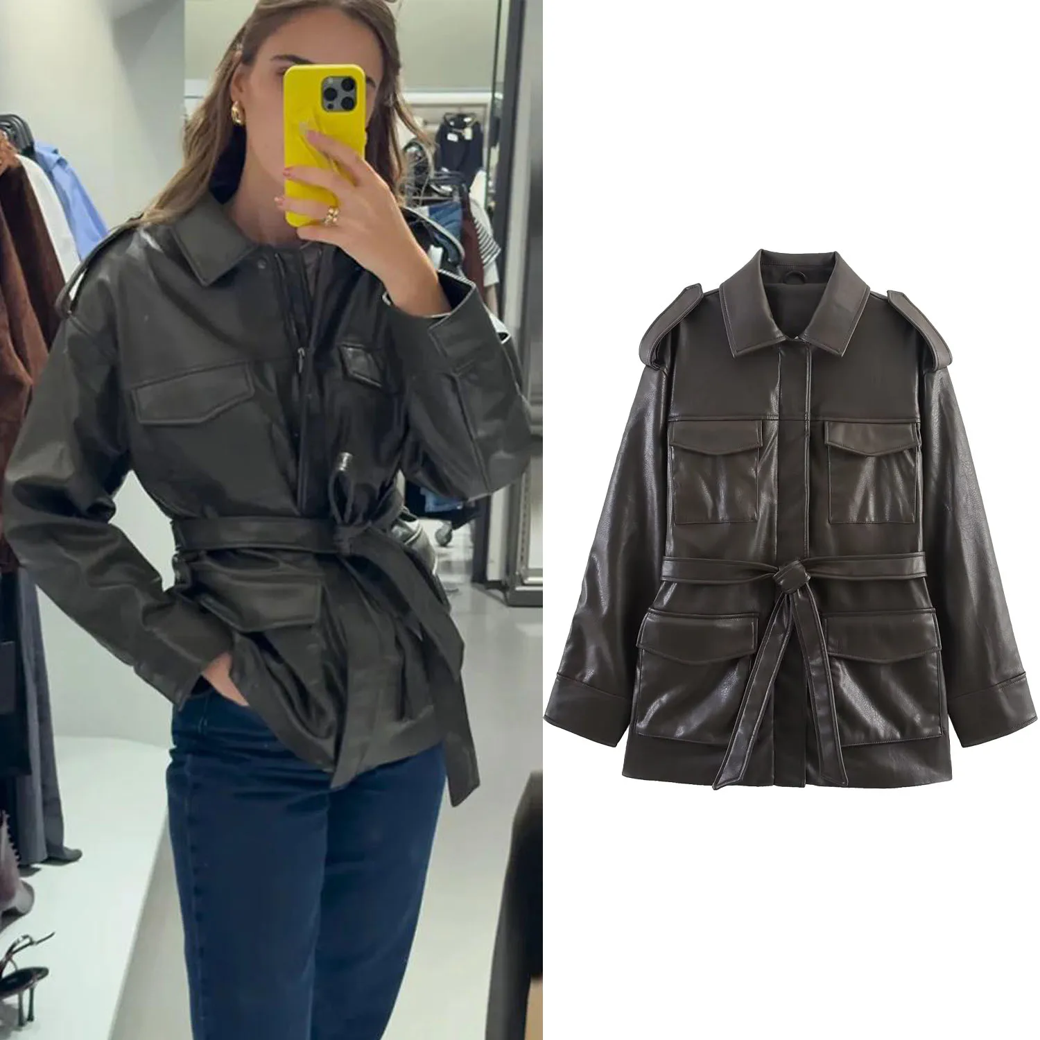 Chaquetas de cuero informales holgadas para mujer, abrigo con cinturón y bolsillo con cuello vuelto para mujer, prendas de vestir elegantes para otoño e invierno, ropa de calle