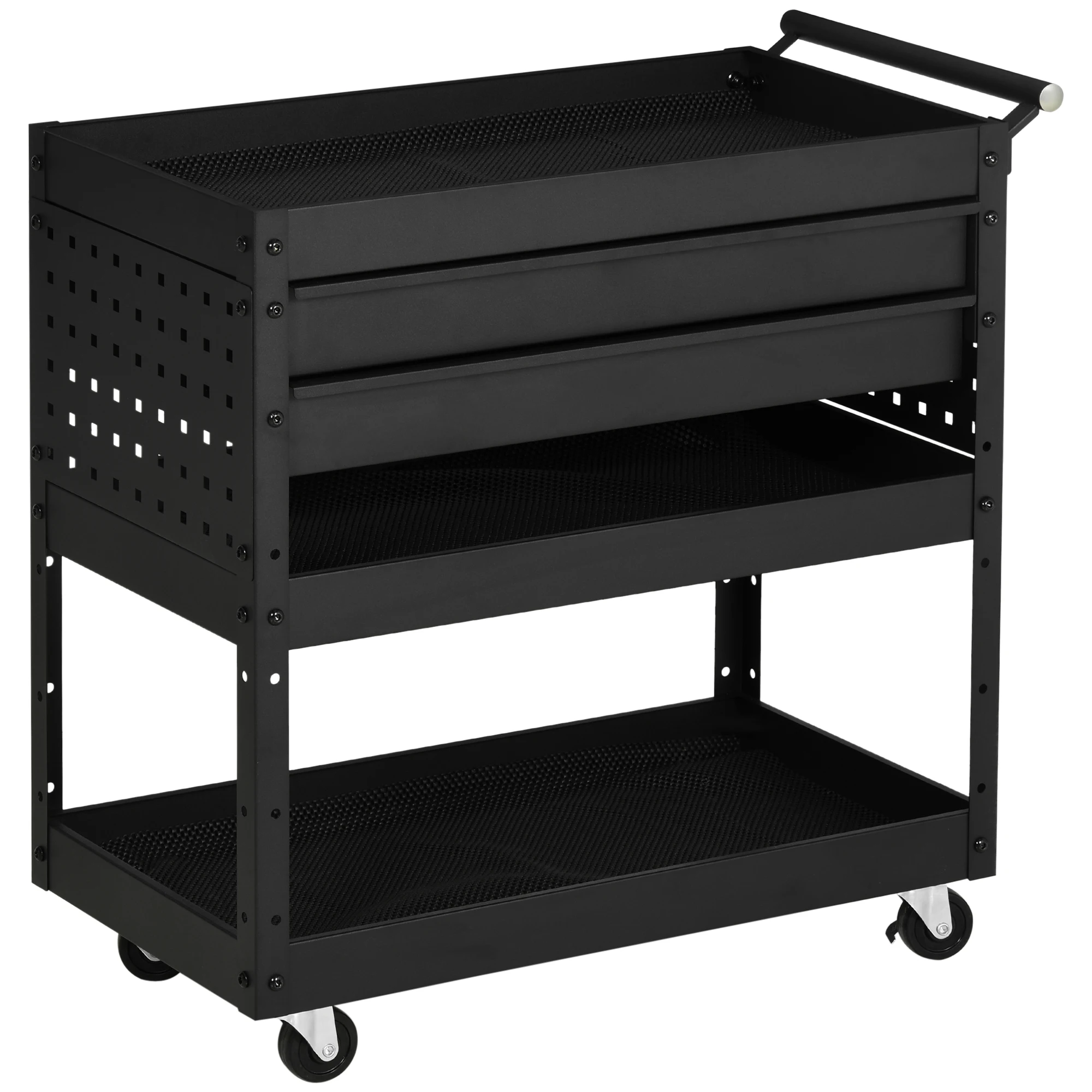 DURHAND workshop tool cart with wheels load 70 kg workshop cart with 2 drawers and 3 storage shelves for garage mechanic home 76,5x39x79 cm black