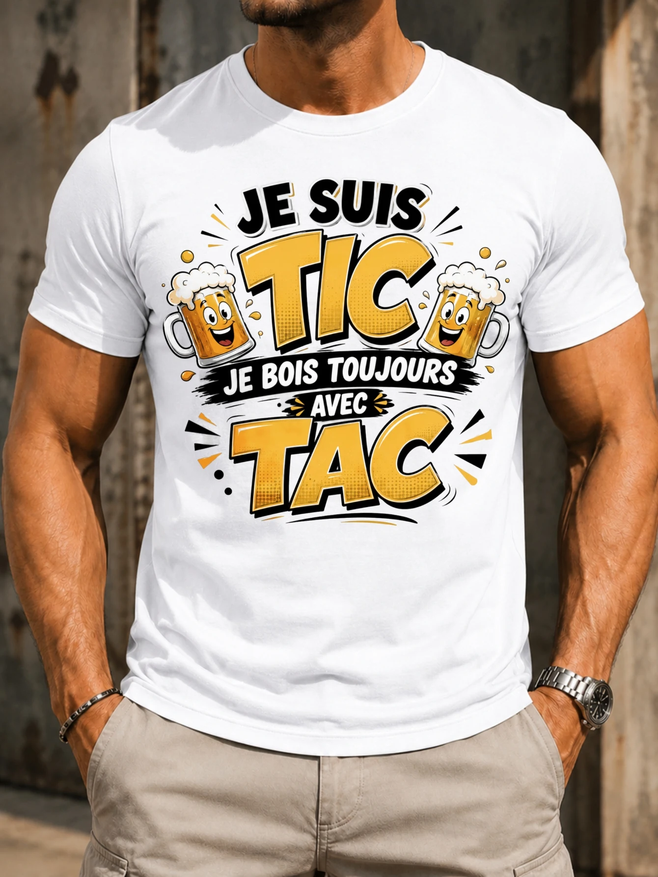 Je Suis Tic Happy Beer Characters Toujours Avec Tac Quote Comic Yellow Lettering French Party Style  Unisex All T-Shirt