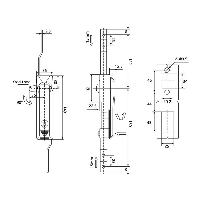 MS828 Linkage Lock for Electrical Cabinets & Distribution Boxes, MS829 & MS460 Stainless Steel Vertical 3-Point Rod Lock