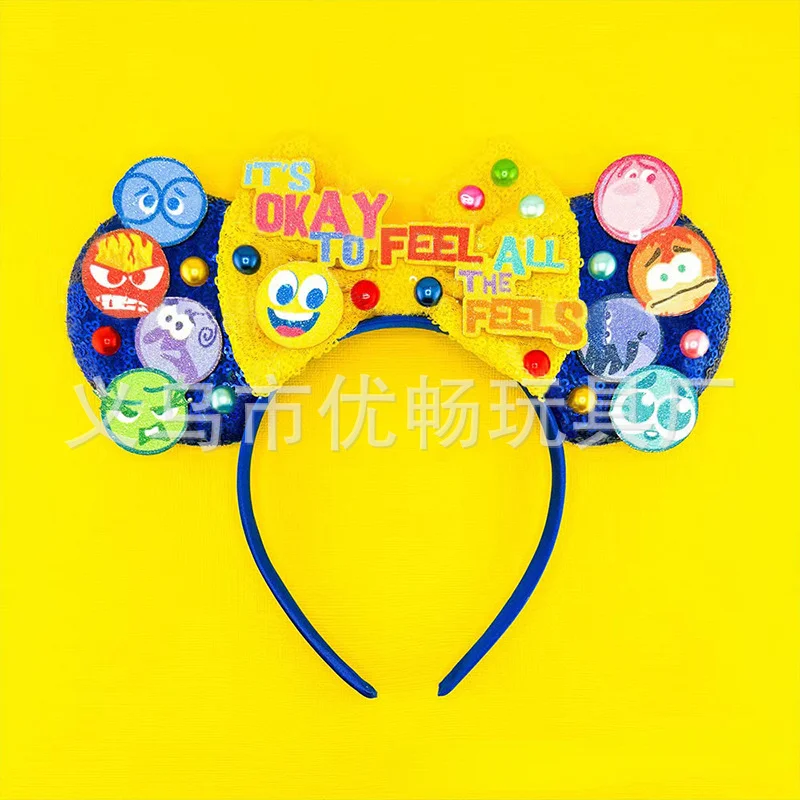 Disney Inside Out 2 Themed Party Hair Accessories Children's Anime Figure Anxiety Joy Sequin Ears Amusement Park Decoration Gift