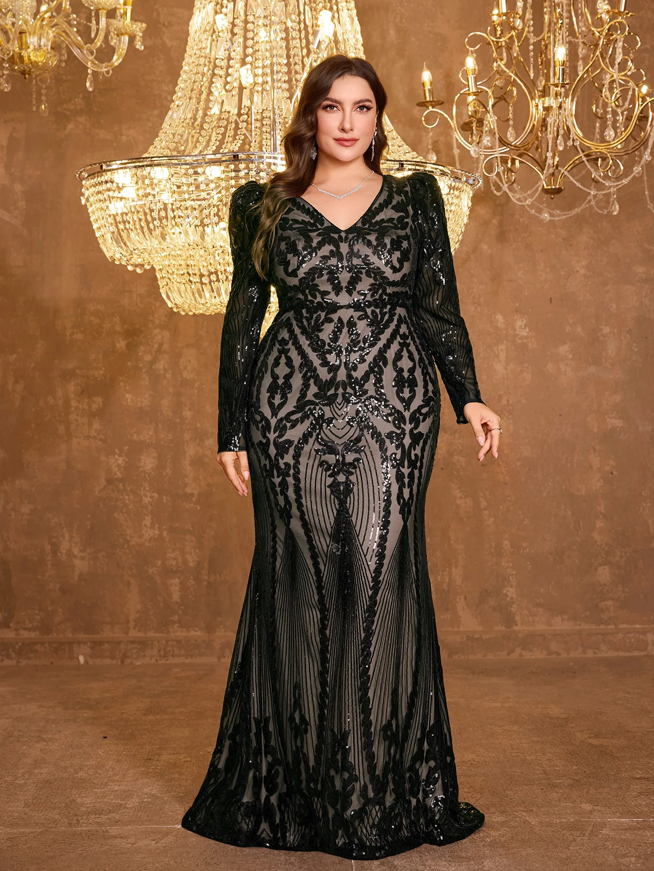 

UNITHORSE Plus Random Cut V-Neck Princess Sleeve Shiny Sequin Splice Fish Tail Sweep Party Evening Gown Dress