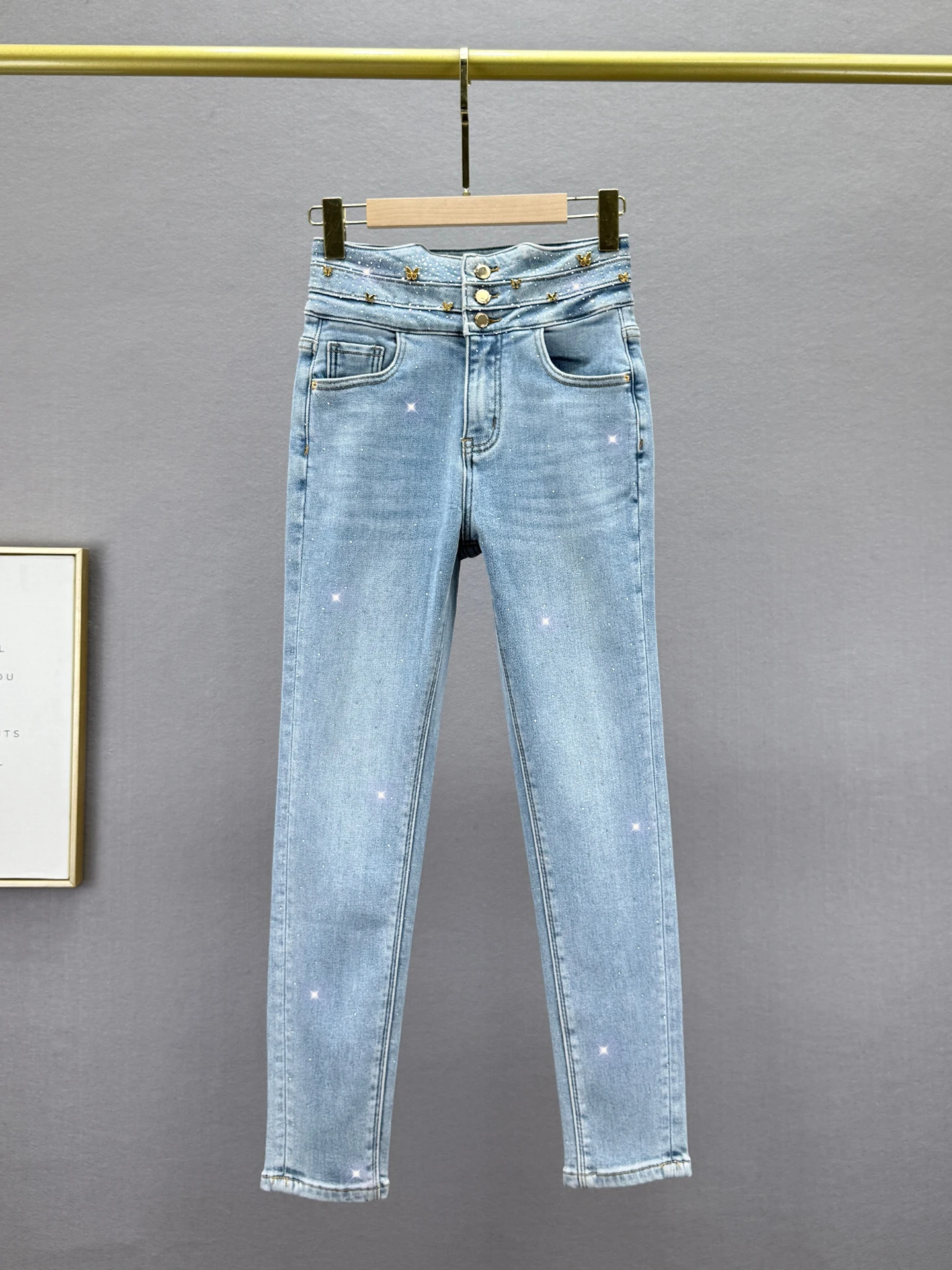 

Женские джинсы с высокой талией, на флисовой подкладке, со стразами, облегающие, с девятью вставками, узкие брюки-карандаш, зимняя новинка