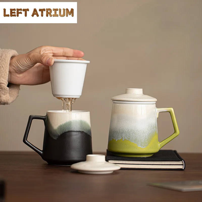 380ML Gradual Change Color Painted Ceramic Filter Tea Separator Cup Ancient Tea Mug with Infuser Tea Making Office Water Cup