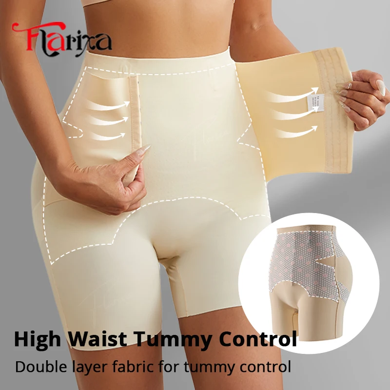 Flarixa Hohe Taille Bauchkontrolle Body Shaper Strumpfhosen Höschen mit Haken Doppelschicht Eisseide Shapewear Shorts Frauen Hip Lift